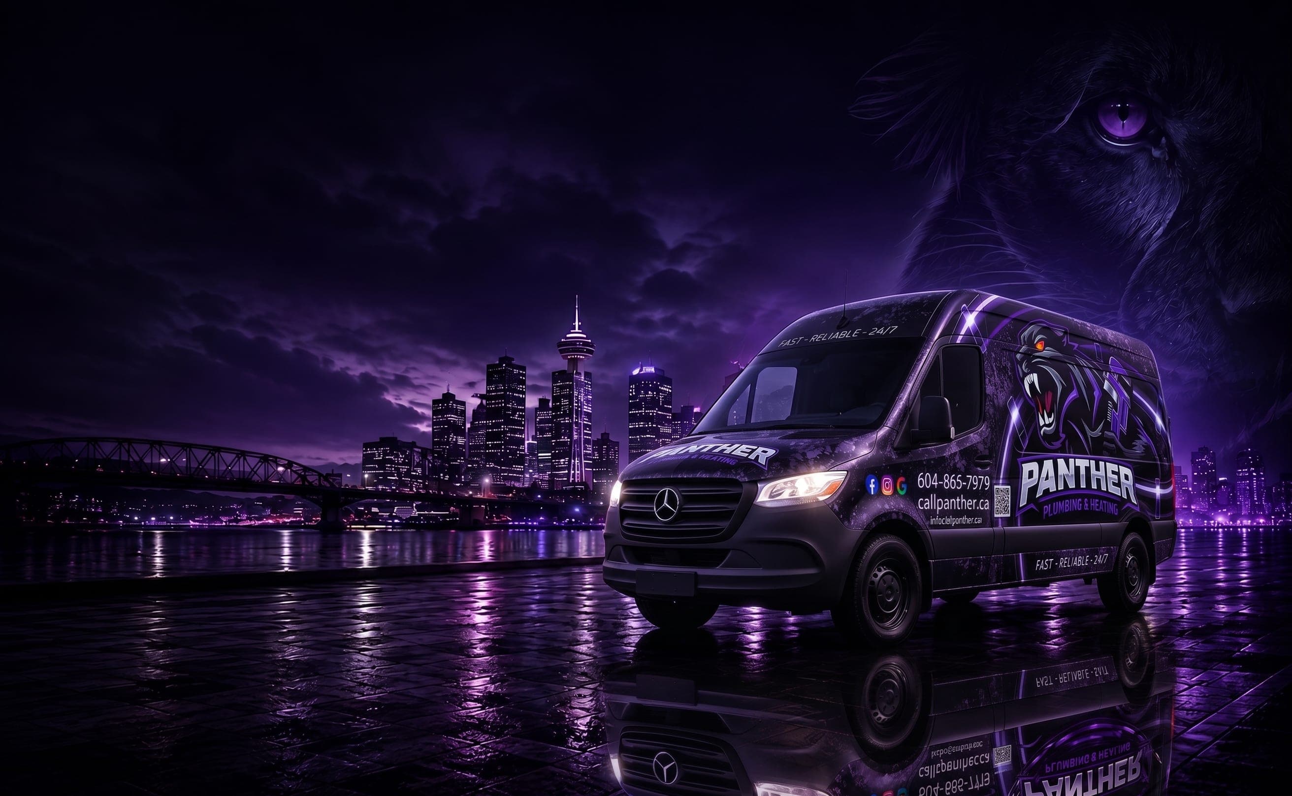Panther Plumbing van against the downtown Vancouver skyline at night