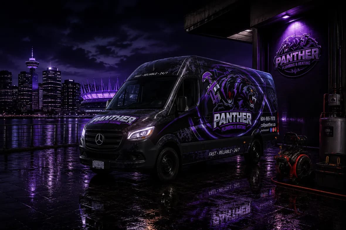 The branded Panther van under downtown glass at dusk